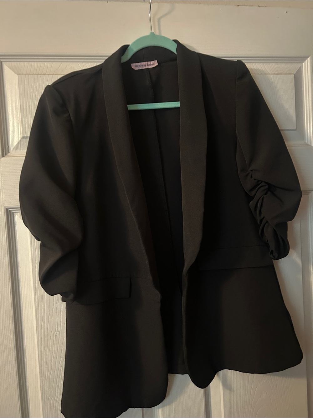 Black Ruched-Sleeve Open Blazer Jacket
